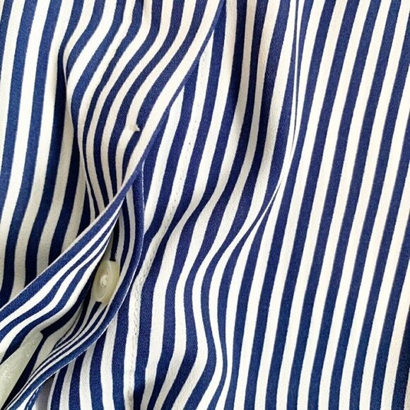 LOFT blue white striped mock collar hidden button front long sleeve top - Picture 7 of 10